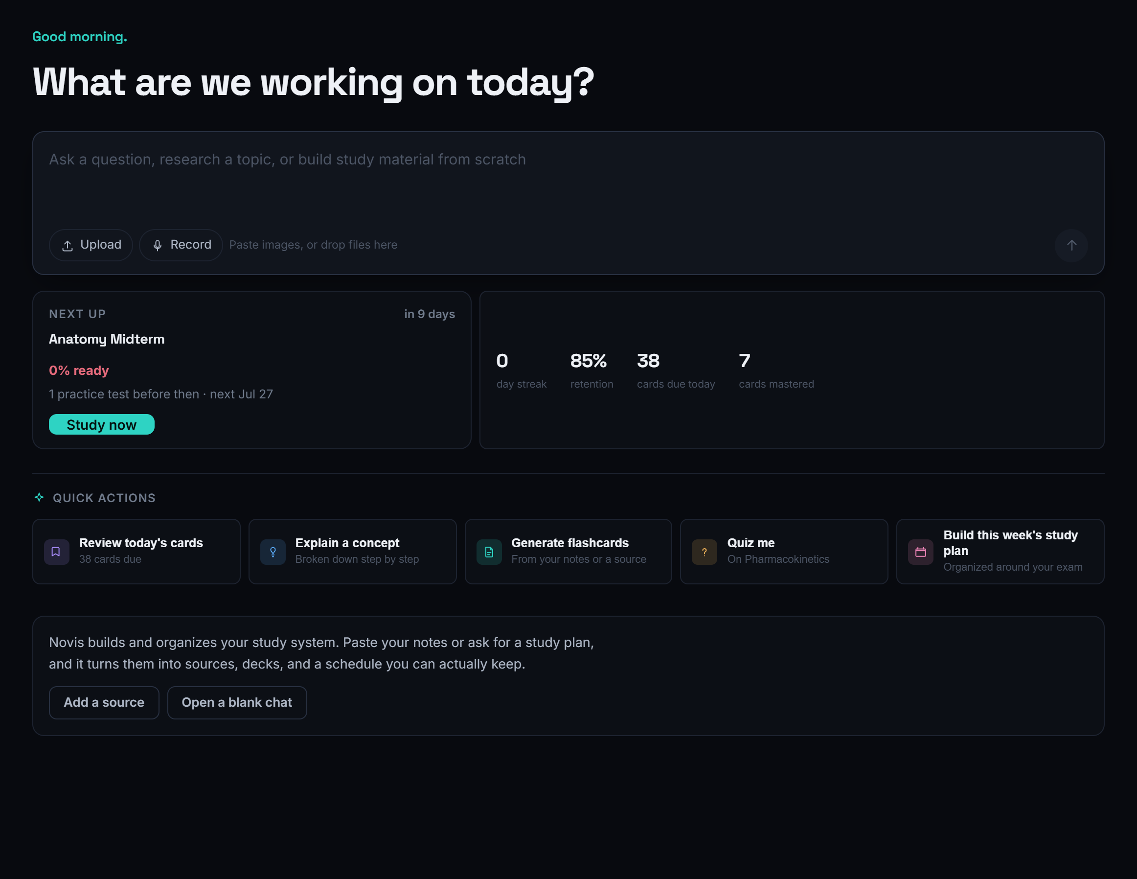 The Novis home screen with decks, sources and the study assistant