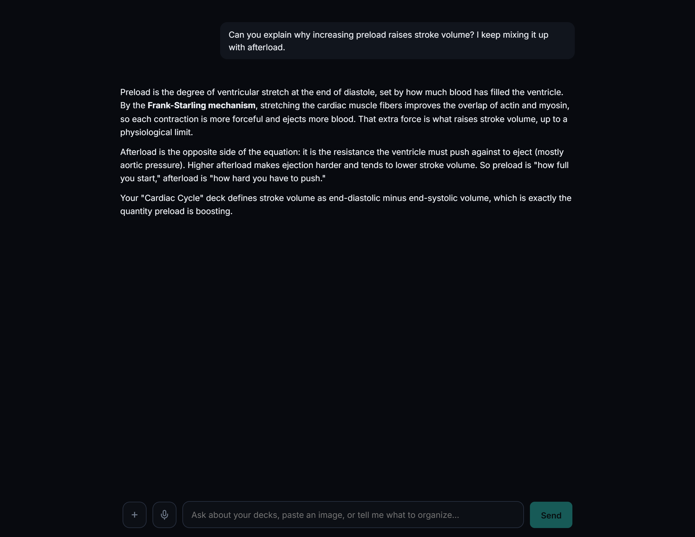 The Novis assistant answering a question grounded in the user's own deck